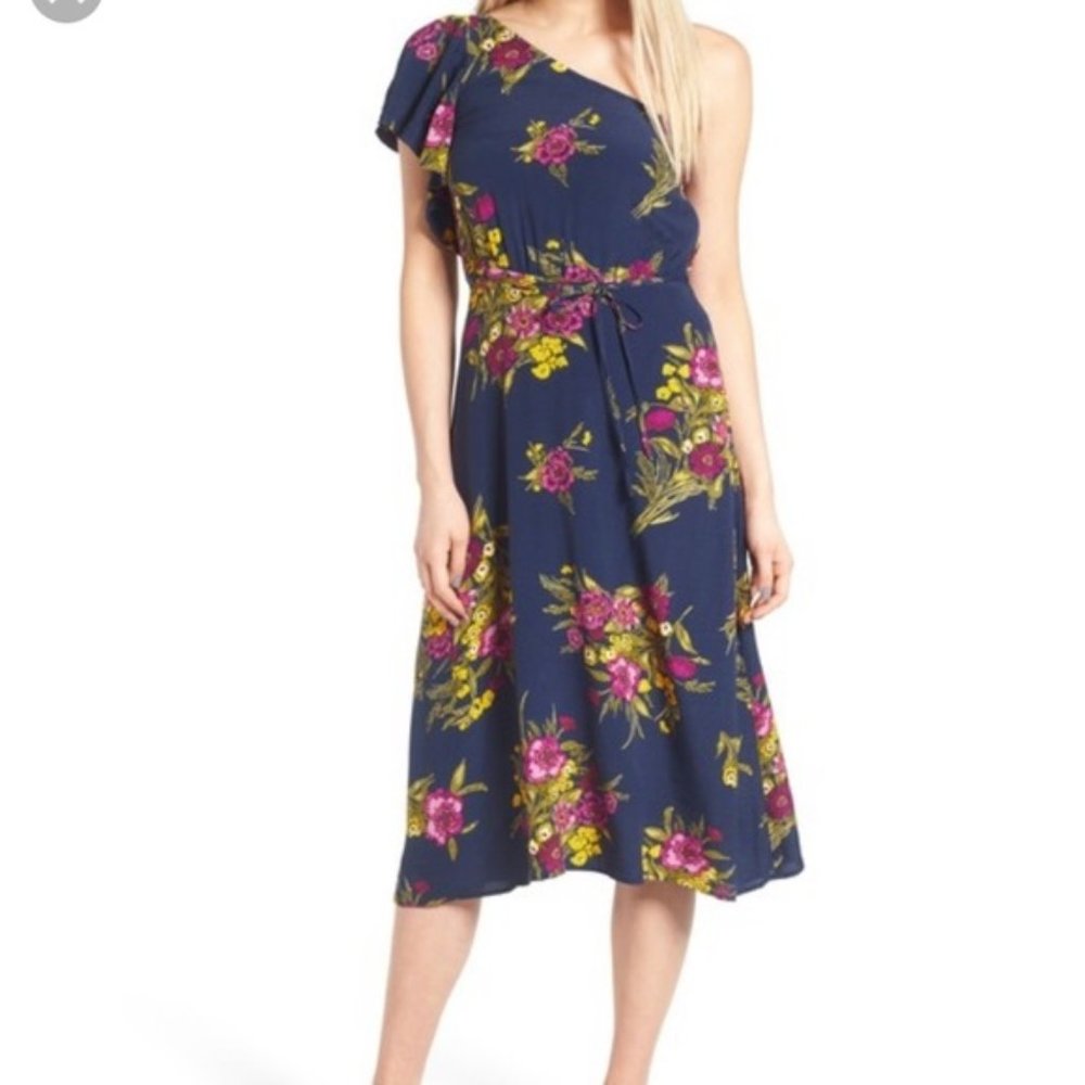 Leith One-Shoulder Floral Fit & Flare Midi Dress Sz S